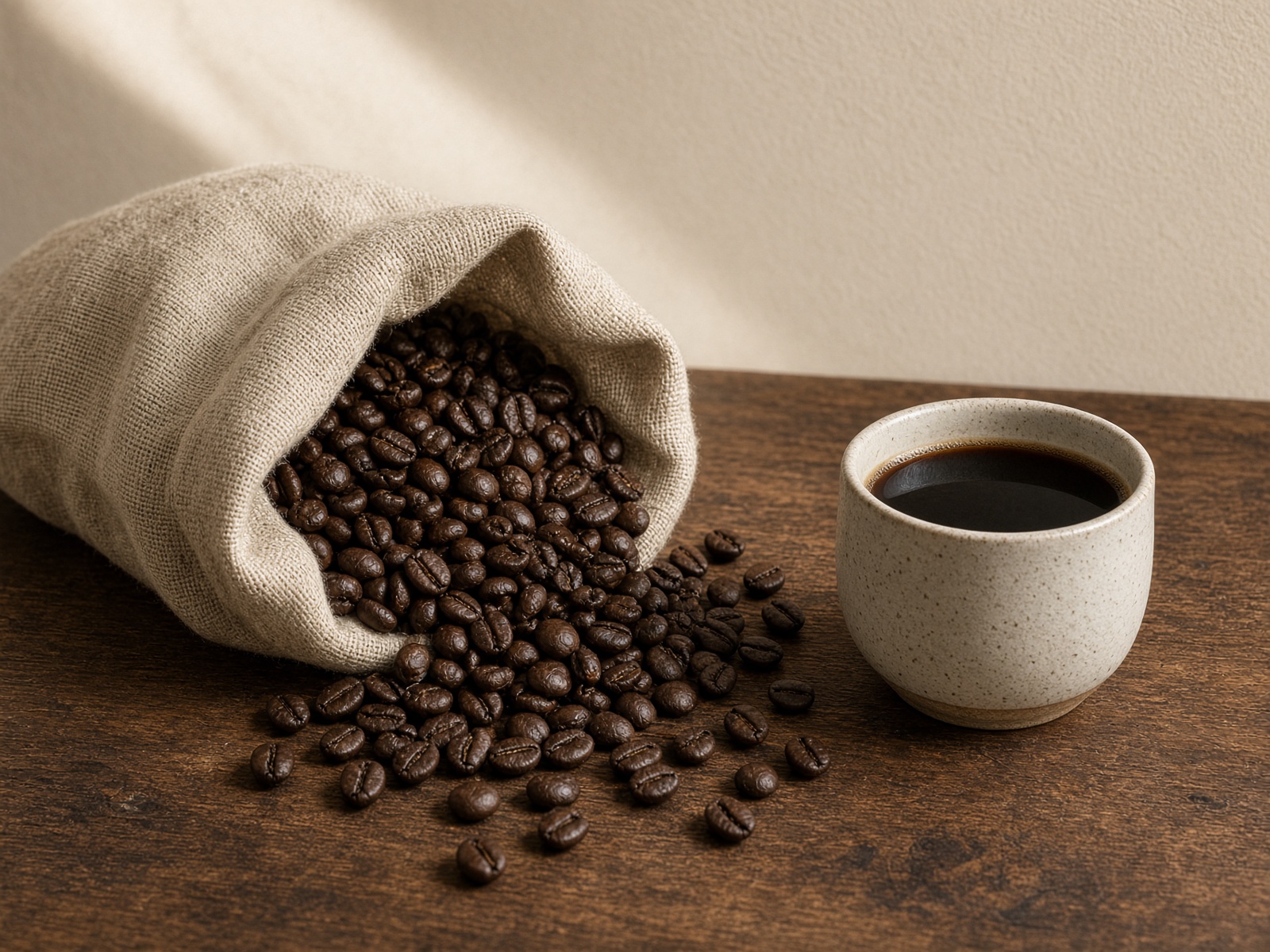 Small-batch roasted coffee beans and a cup